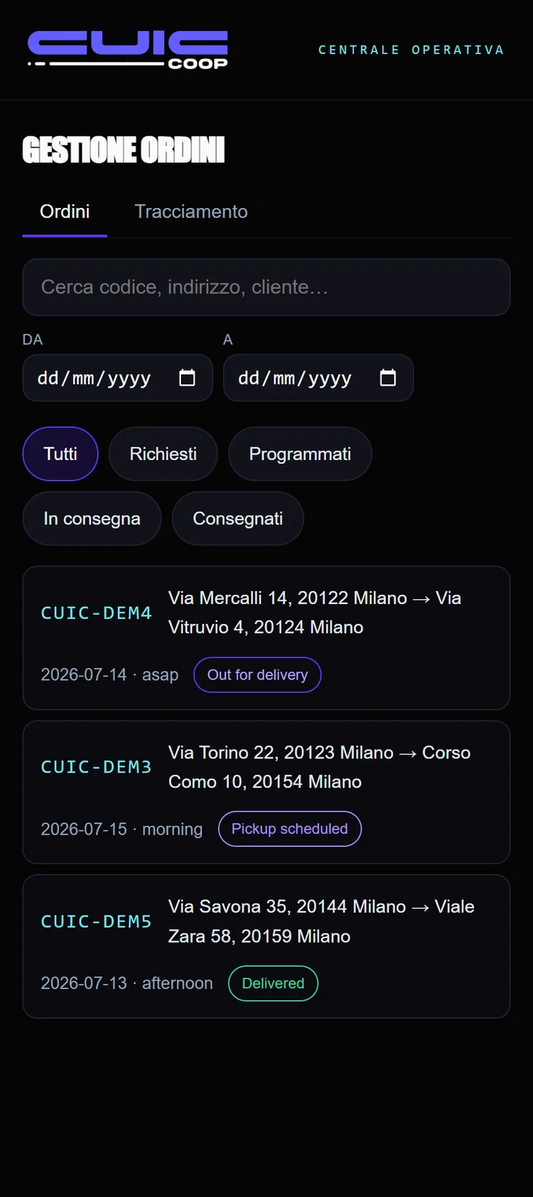 Cockpit corriere: elenco consegne