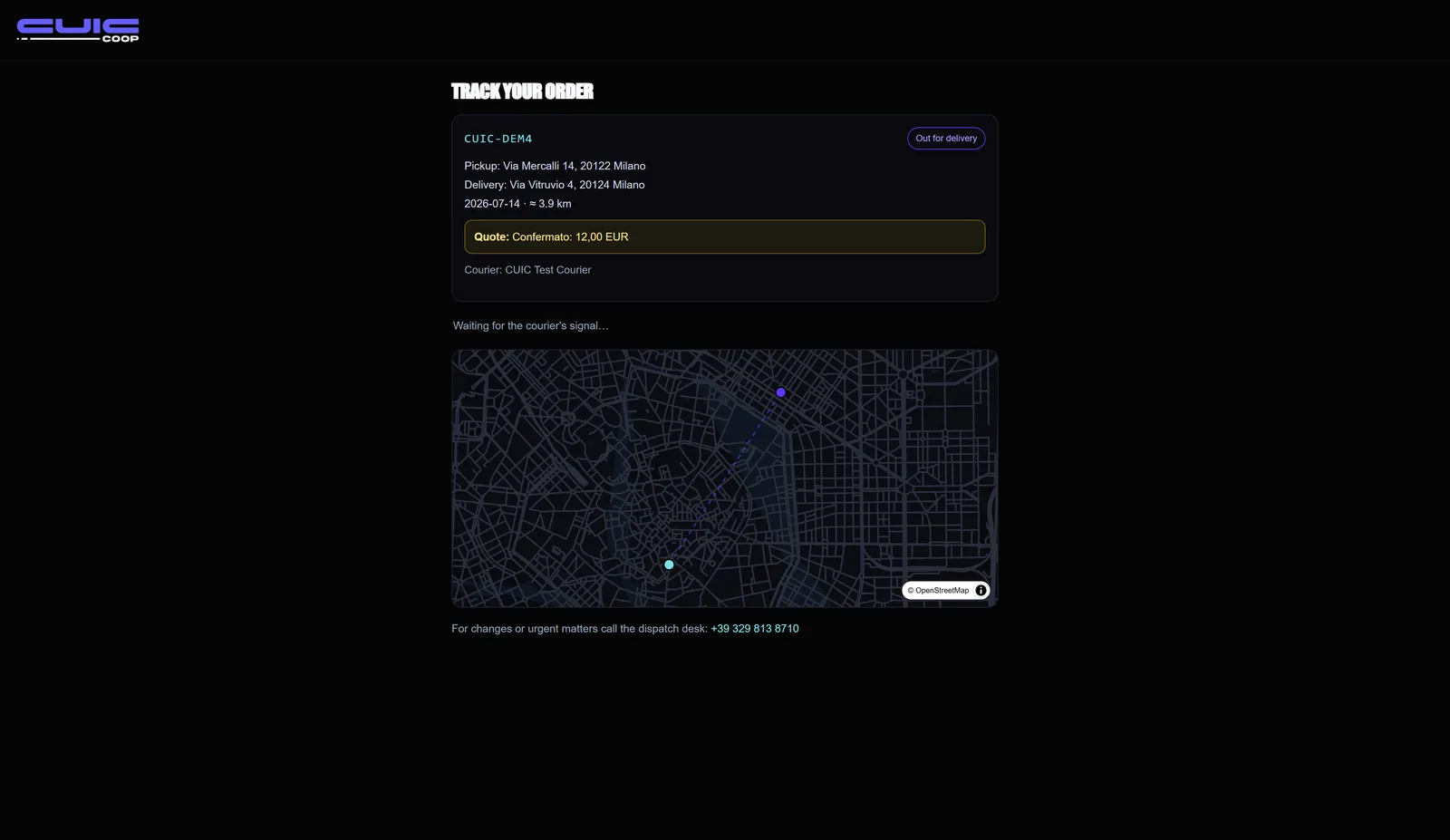 Pagina di tracciamento con mappa live