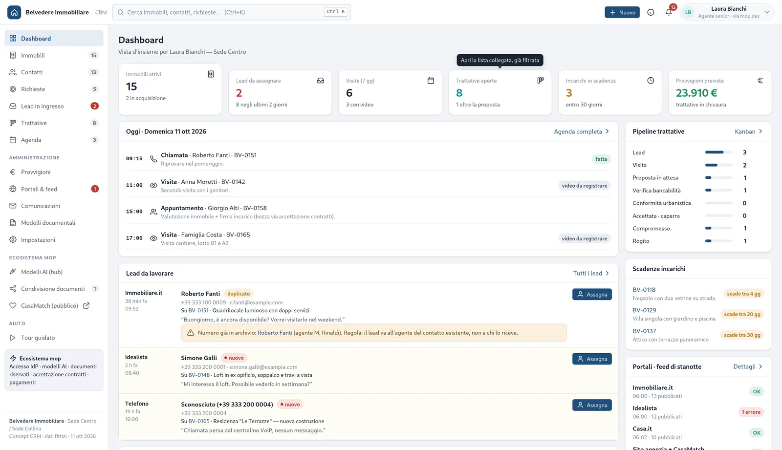 The dashboard with leads to work on and the alert for a number already in the archive